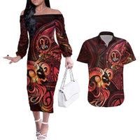 Personalised Polynesia Zodiac Aries Couples Matching Off The Shoulder Long Sleeve Dress and Hawaiian Shirt Galaxy Polynesian Pattern Chest Tattoo Style LT14 Red - Polynesian Pride