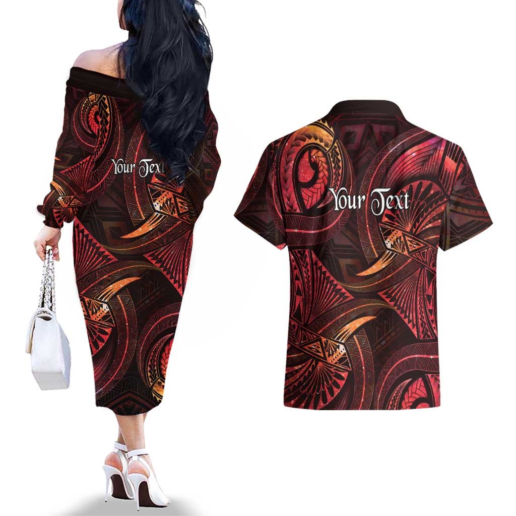 Personalised Polynesia Zodiac Aries Couples Matching Off The Shoulder Long Sleeve Dress and Hawaiian Shirt Galaxy Polynesian Pattern Chest Tattoo Style LT14 - Polynesian Pride