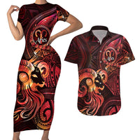 Personalised Polynesia Zodiac Aries Couples Matching Short Sleeve Bodycon Dress and Hawaiian Shirt Galaxy Polynesian Pattern Chest Tattoo Style