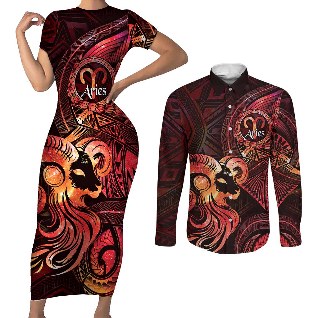 Personalised Polynesia Zodiac Aries Couples Matching Short Sleeve Bodycon Dress and Long Sleeve Button Shirt Galaxy Polynesian Pattern Chest Tattoo Style