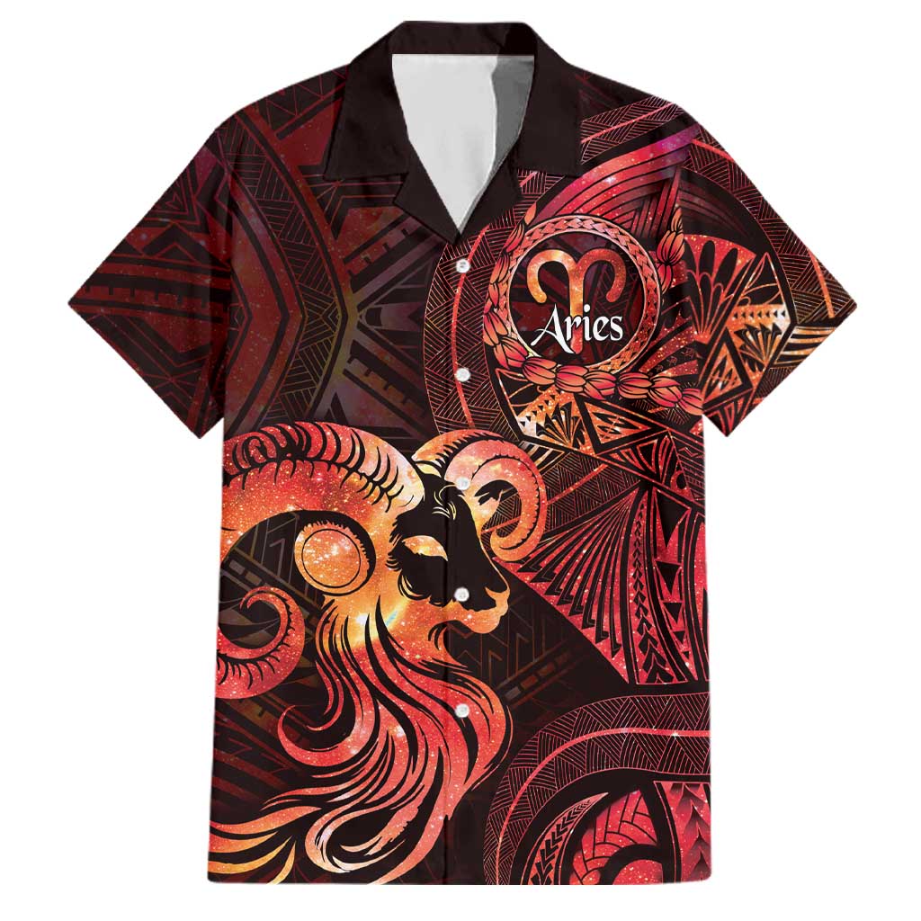 Personalised Polynesia Zodiac Aries Family Matching Long Sleeve Bodycon Dress and Hawaiian Shirt Galaxy Polynesian Pattern Chest Tattoo Style LT14 Dad's Shirt - Short Sleeve Red - Polynesian Pride