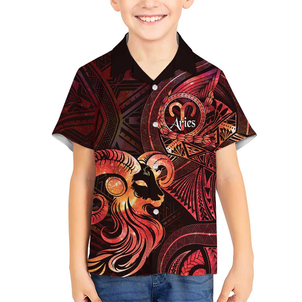 Personalised Polynesia Zodiac Aries Family Matching Long Sleeve Bodycon Dress and Hawaiian Shirt Galaxy Polynesian Pattern Chest Tattoo Style LT14 Son's Shirt Red - Polynesian Pride