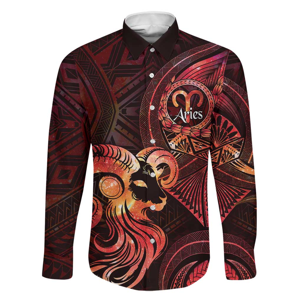 Personalised Polynesia Zodiac Aries Family Matching Mermaid Dress and Hawaiian Shirt Galaxy Polynesian Pattern Chest Tattoo Style LT14 Dad's Shirt - Long Sleeve Red - Polynesian Pride