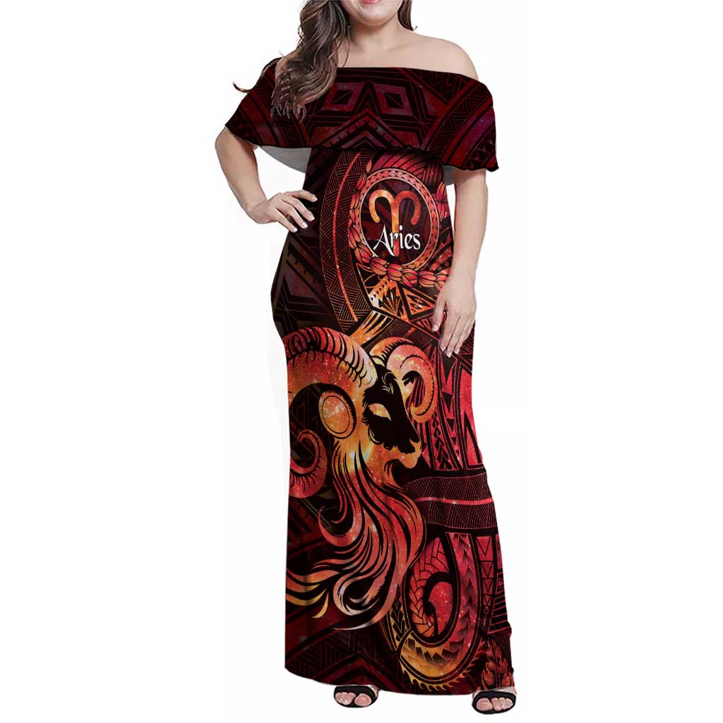 Personalised Polynesia Zodiac Aries Family Matching Off Shoulder Maxi Dress and Hawaiian Shirt Galaxy Polynesian Pattern Chest Tattoo Style