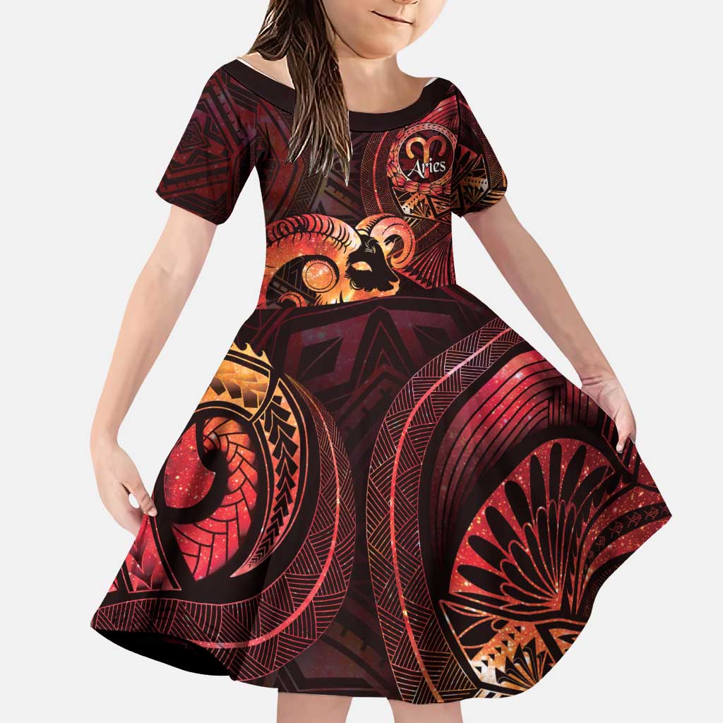 Personalised Polynesia Zodiac Aries Family Matching Off Shoulder Short Dress and Hawaiian Shirt Galaxy Polynesian Pattern Chest Tattoo Style LT14 Daughter's Dress Red - Polynesian Pride