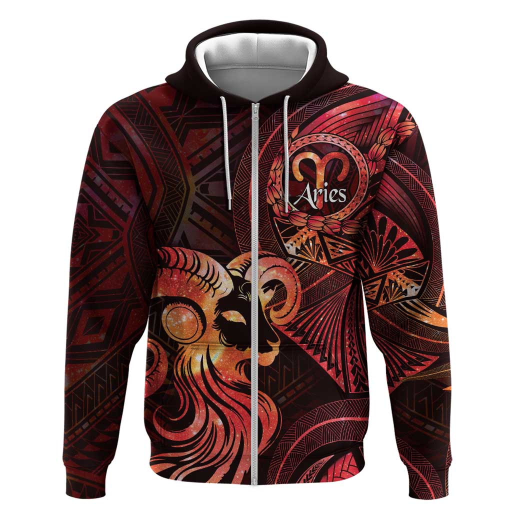 Personalised Polynesia Zodiac Aries Hoodie Galaxy Polynesian Pattern Chest Tattoo Style LT14 Zip Hoodie Red - Polynesian Pride