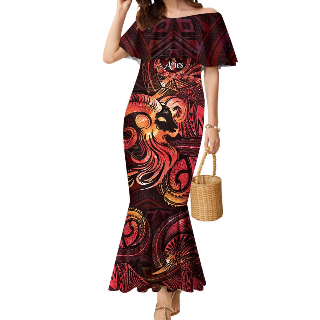 Personalised Polynesia Zodiac Aries Mermaid Dress Galaxy Polynesian Pattern Chest Tattoo Style