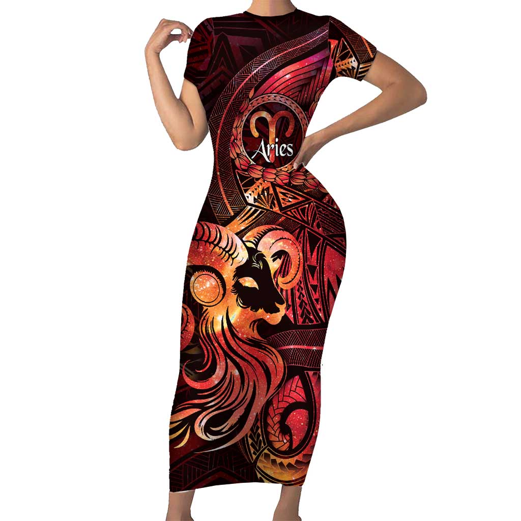 Personalised Polynesia Zodiac Aries Short Sleeve Bodycon Dress Galaxy Polynesian Pattern Chest Tattoo Style