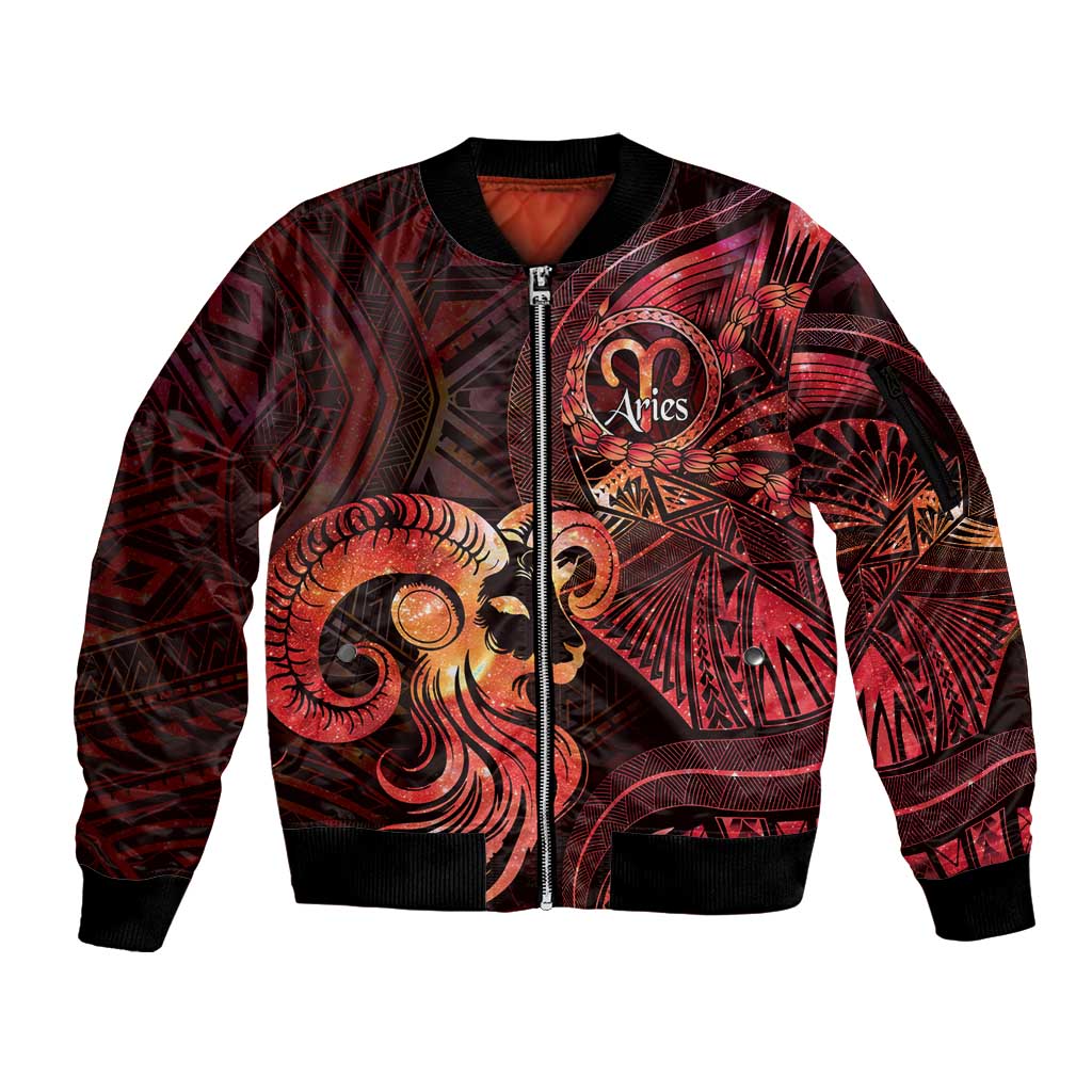 Personalised Polynesia Zodiac Aries Sleeve Zip Bomber Jacket Galaxy Polynesian Pattern Chest Tattoo Style