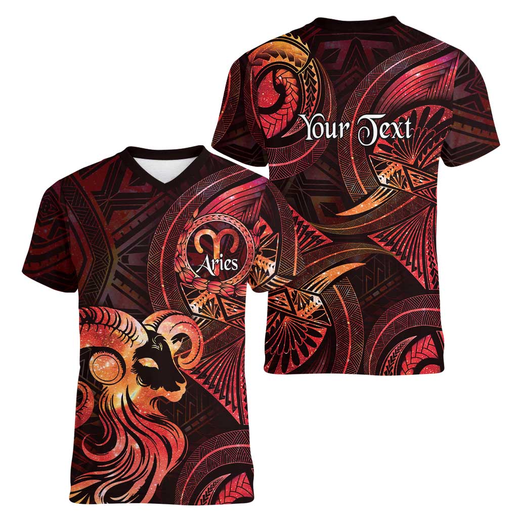 Personalised Polynesia Zodiac Aries Women V-Neck T-Shirt Galaxy Polynesian Pattern Chest Tattoo Style