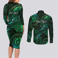 Personalised Polynesia Zodiac Taurus Couples Matching Long Sleeve Bodycon Dress and Long Sleeve Button Shirt Galaxy Polynesian Pattern Chest Tattoo Style