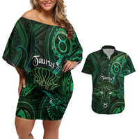 Personalised Polynesia Zodiac Taurus Couples Matching Off Shoulder Short Dress and Hawaiian Shirt Galaxy Polynesian Pattern Chest Tattoo Style