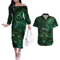 Personalised Polynesia Zodiac Taurus Couples Matching Off The Shoulder Long Sleeve Dress and Hawaiian Shirt Galaxy Polynesian Pattern Chest Tattoo Style
