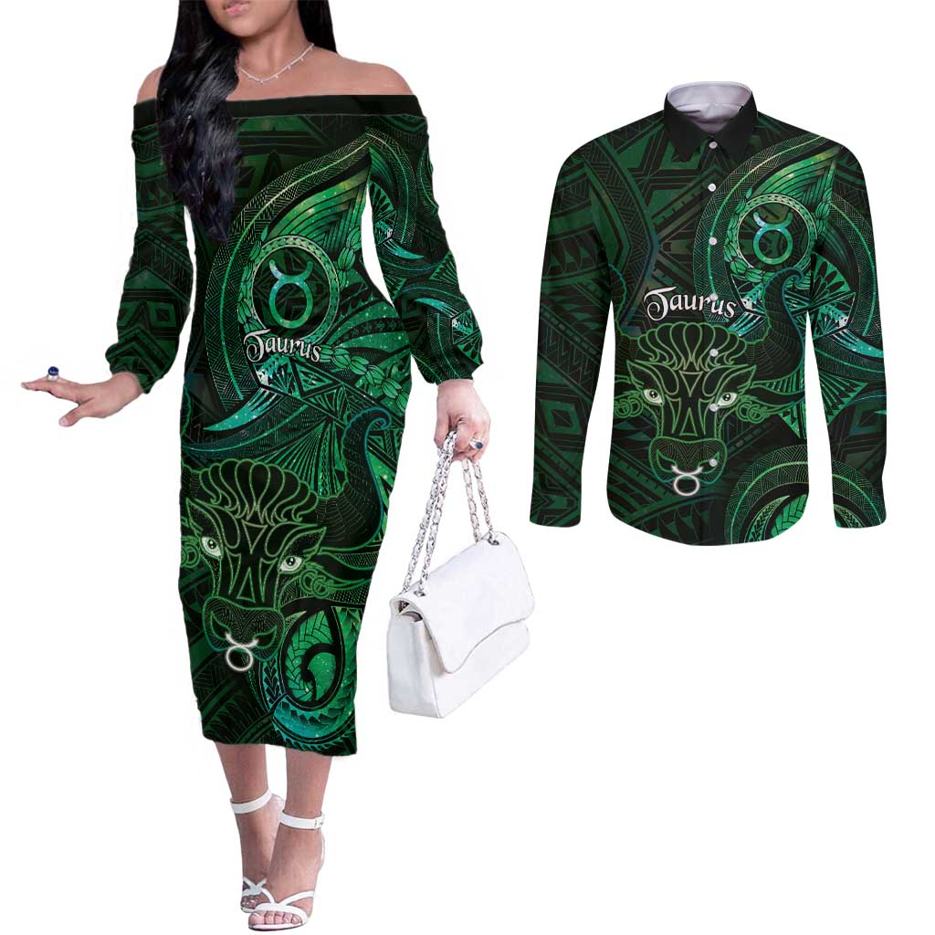 Personalised Polynesia Zodiac Taurus Couples Matching Off The Shoulder Long Sleeve Dress and Long Sleeve Button Shirt Galaxy Polynesian Pattern Chest Tattoo Style
