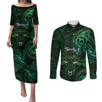 Personalised Polynesia Zodiac Taurus Couples Matching Puletasi and Long Sleeve Button Shirt Galaxy Polynesian Pattern Chest Tattoo Style