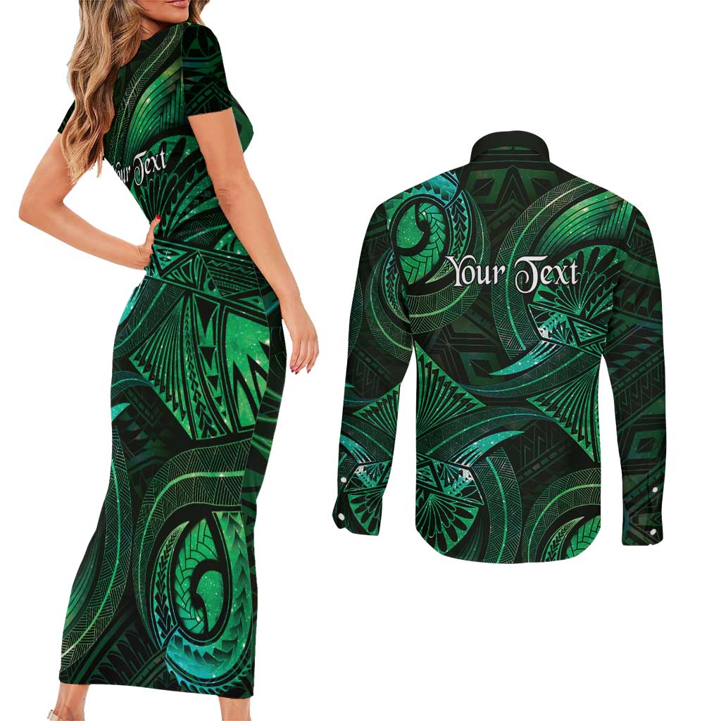 Personalised Polynesia Zodiac Taurus Couples Matching Short Sleeve Bodycon Dress and Long Sleeve Button Shirt Galaxy Polynesian Pattern Chest Tattoo Style