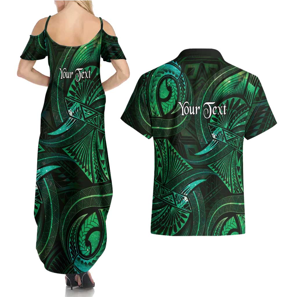 Personalised Polynesia Zodiac Taurus Couples Matching Summer Maxi Dress and Hawaiian Shirt Galaxy Polynesian Pattern Chest Tattoo Style