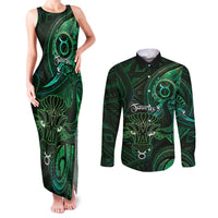 Personalised Polynesia Zodiac Taurus Couples Matching Tank Maxi Dress and Long Sleeve Button Shirt Galaxy Polynesian Pattern Chest Tattoo Style