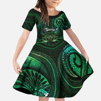 Personalised Polynesia Zodiac Taurus Family Matching Off The Shoulder Long Sleeve Dress and Hawaiian Shirt Galaxy Polynesian Pattern Chest Tattoo Style LT14 Daughter's Dress Green - Polynesian Pride