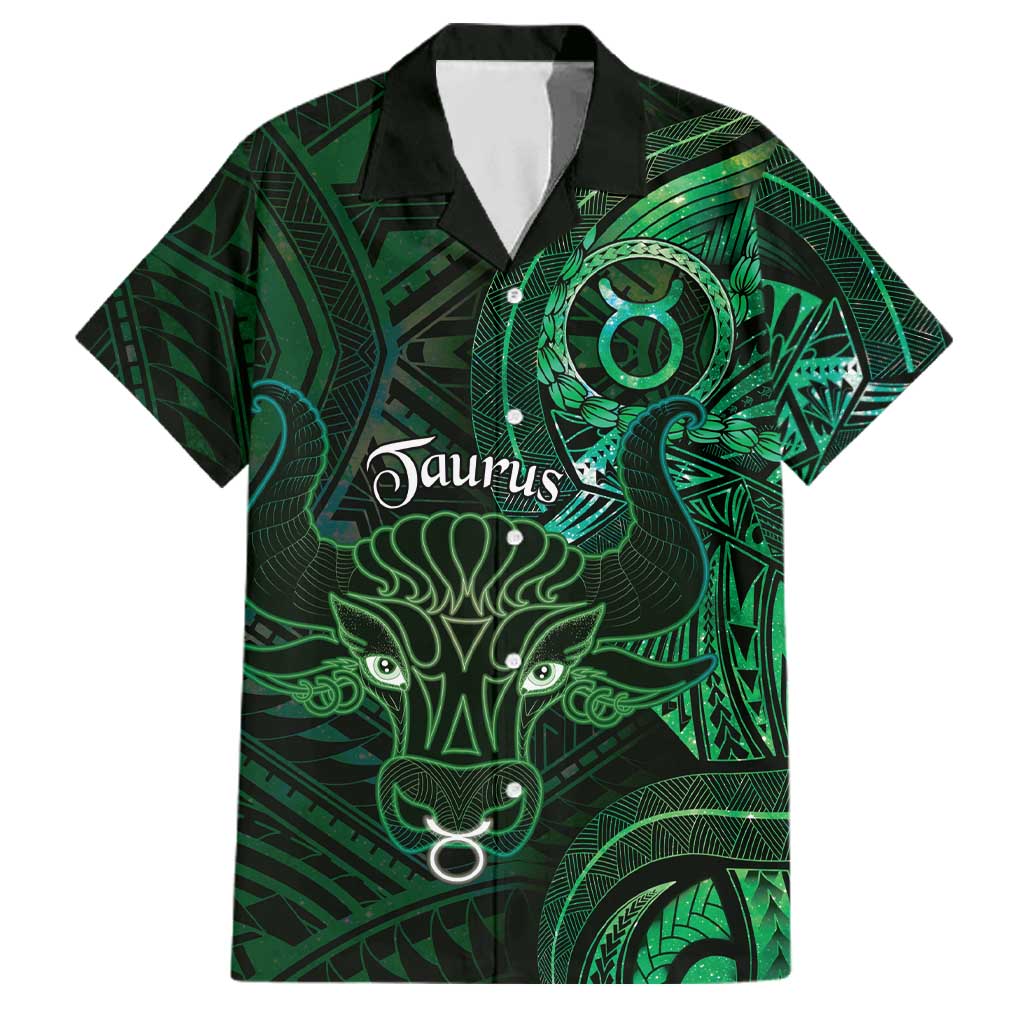 Personalised Polynesia Zodiac Taurus Family Matching Off The Shoulder Long Sleeve Dress and Hawaiian Shirt Galaxy Polynesian Pattern Chest Tattoo Style LT14 Dad's Shirt - Short Sleeve Green - Polynesian Pride