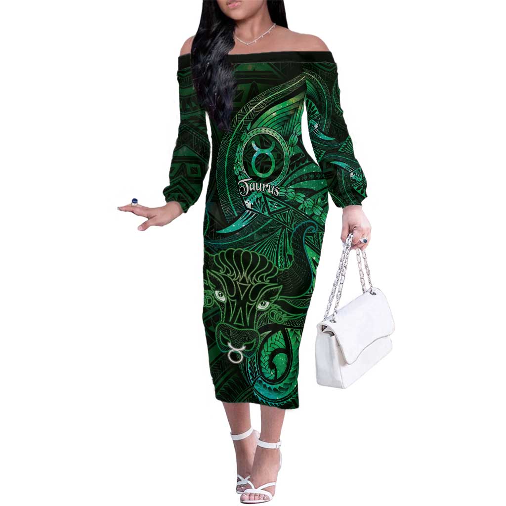 Personalised Polynesia Zodiac Taurus Family Matching Off The Shoulder Long Sleeve Dress and Hawaiian Shirt Galaxy Polynesian Pattern Chest Tattoo Style LT14 Mom's Dress Green - Polynesian Pride