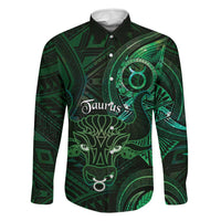 Personalised Polynesia Zodiac Taurus Family Matching Off Shoulder Maxi Dress and Hawaiian Shirt Galaxy Polynesian Pattern Chest Tattoo Style LT14 Dad's Shirt - Long Sleeve Green - Polynesian Pride