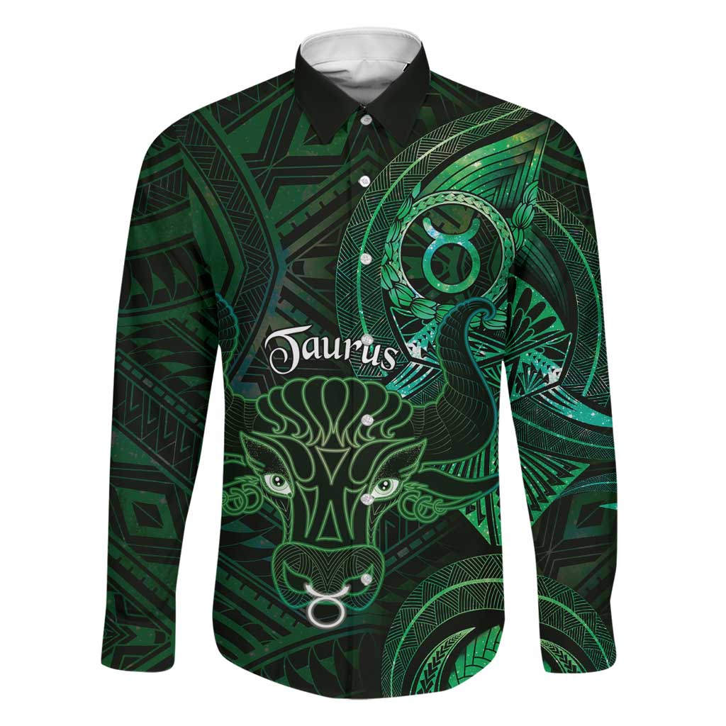 Personalised Polynesia Zodiac Taurus Family Matching Off Shoulder Short Dress and Hawaiian Shirt Galaxy Polynesian Pattern Chest Tattoo Style LT14 Dad's Shirt - Long Sleeve Green - Polynesian Pride
