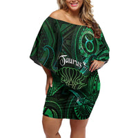 Personalised Polynesia Zodiac Taurus Family Matching Off Shoulder Short Dress and Hawaiian Shirt Galaxy Polynesian Pattern Chest Tattoo Style LT14 Mom's Dress Green - Polynesian Pride