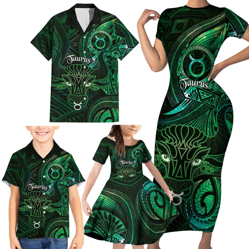 Personalised Polynesia Zodiac Taurus Family Matching Short Sleeve Bodycon Dress and Hawaiian Shirt Galaxy Polynesian Pattern Chest Tattoo Style LT14 - Polynesian Pride