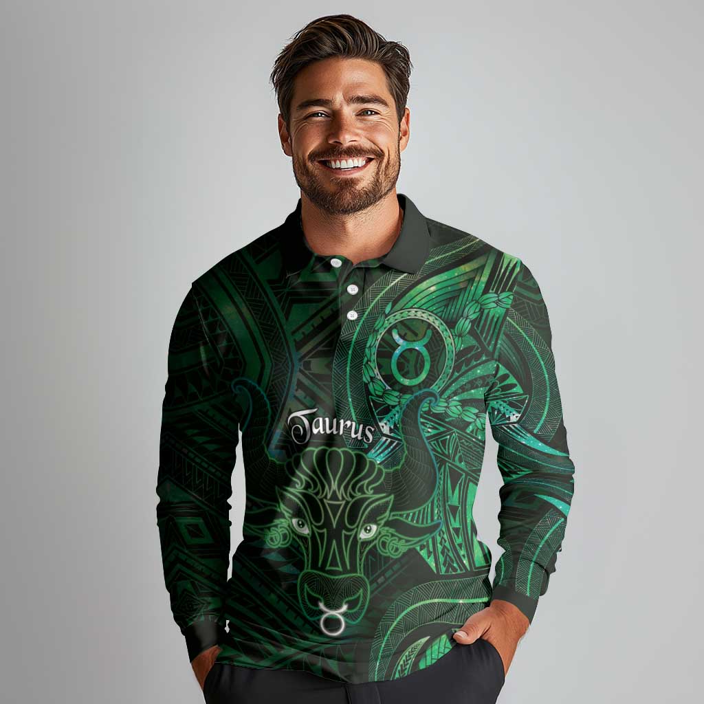 Personalised Polynesia Zodiac Taurus Long Sleeve Polo Shirt Galaxy Polynesian Pattern Chest Tattoo Style