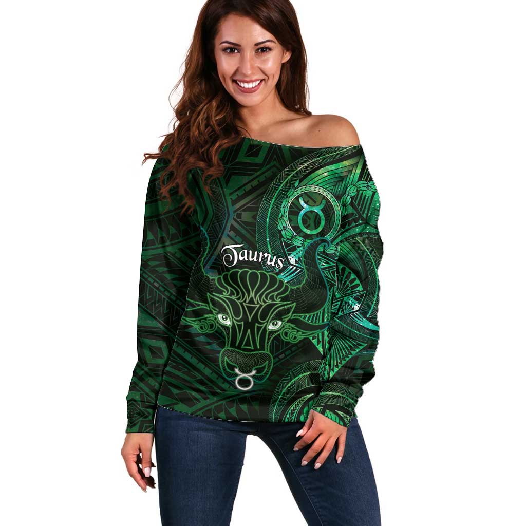 Personalised Polynesia Zodiac Taurus Off Shoulder Sweater Galaxy Polynesian Pattern Chest Tattoo Style