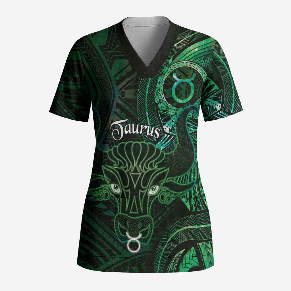 Personalised Polynesia Zodiac Taurus Scrub Top Galaxy Polynesian Pattern Chest Tattoo Style