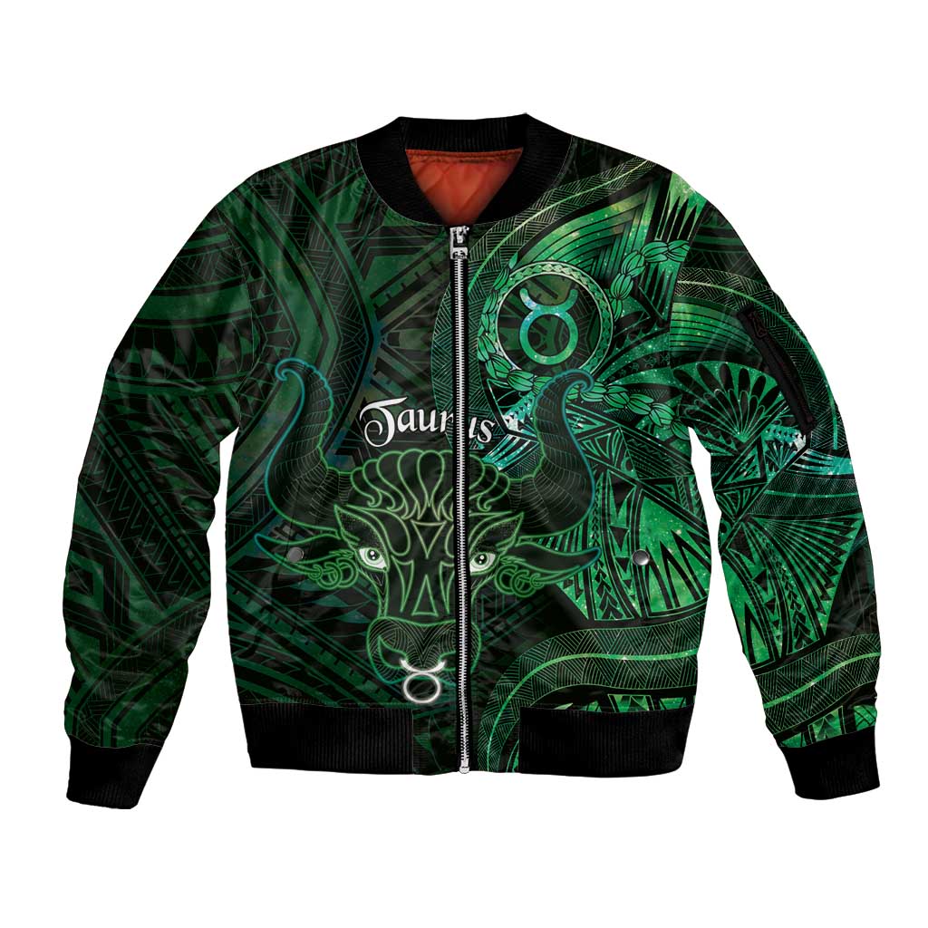 Personalised Polynesia Zodiac Taurus Sleeve Zip Bomber Jacket Galaxy Polynesian Pattern Chest Tattoo Style