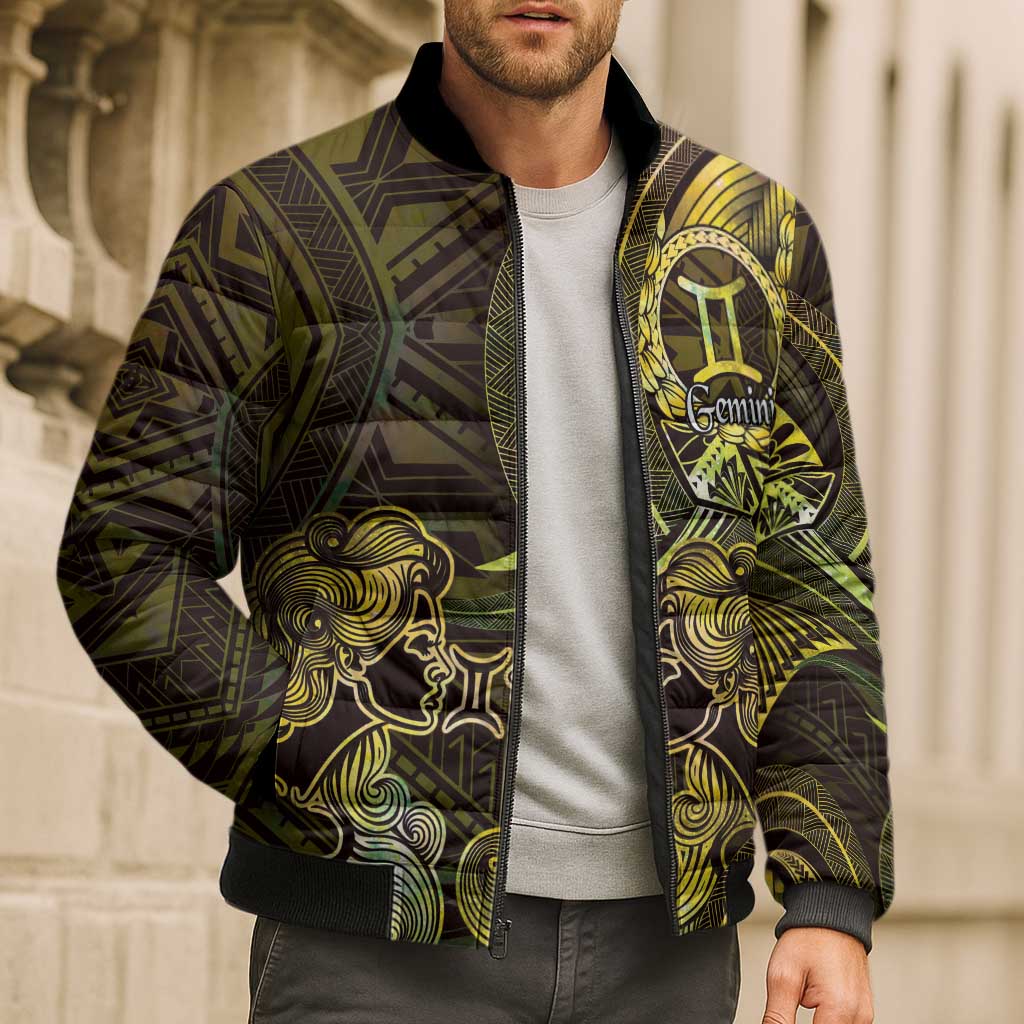 Personalised Polynesia Zodiac Gemini Bomber Puffer Jacket Galaxy Polynesian Pattern Chest Tattoo Style