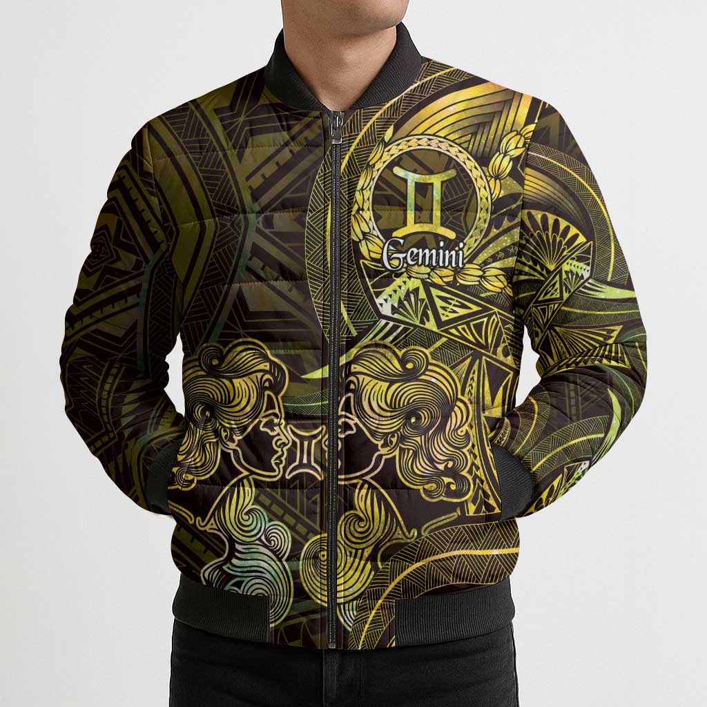 Personalised Polynesia Zodiac Gemini Bomber Puffer Jacket Galaxy Polynesian Pattern Chest Tattoo Style