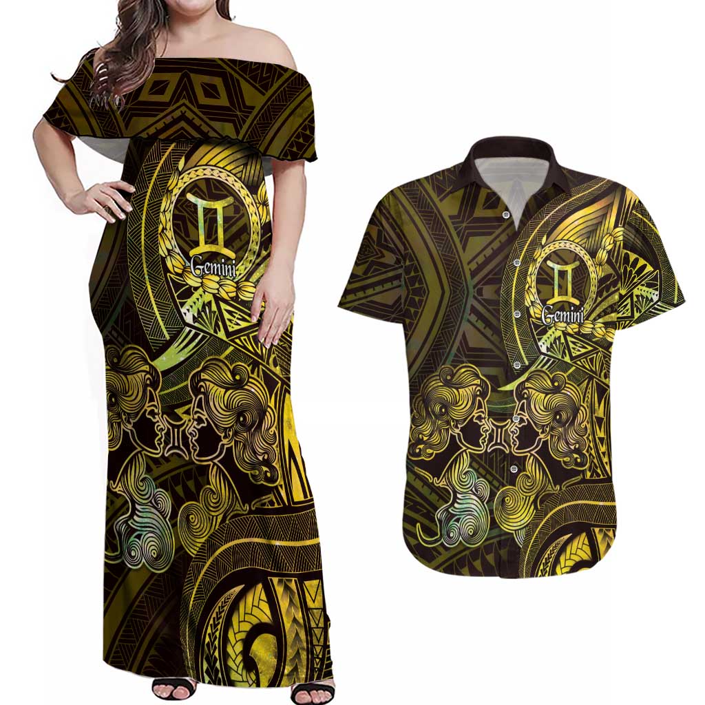 Personalised Polynesia Zodiac Gemini Couples Matching Off Shoulder Maxi Dress and Hawaiian Shirt Galaxy Polynesian Pattern Chest Tattoo Style LT14 Yellow - Polynesian Pride
