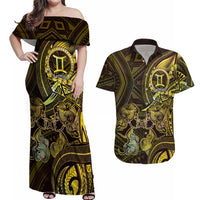 Personalised Polynesia Zodiac Gemini Couples Matching Off Shoulder Maxi Dress and Hawaiian Shirt Galaxy Polynesian Pattern Chest Tattoo Style LT14 Yellow - Polynesian Pride