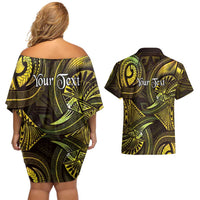 Personalised Polynesia Zodiac Gemini Couples Matching Off Shoulder Short Dress and Hawaiian Shirt Galaxy Polynesian Pattern Chest Tattoo Style