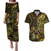 Personalised Polynesia Zodiac Gemini Couples Matching Puletasi and Hawaiian Shirt Galaxy Polynesian Pattern Chest Tattoo Style LT14 Yellow - Polynesian Pride