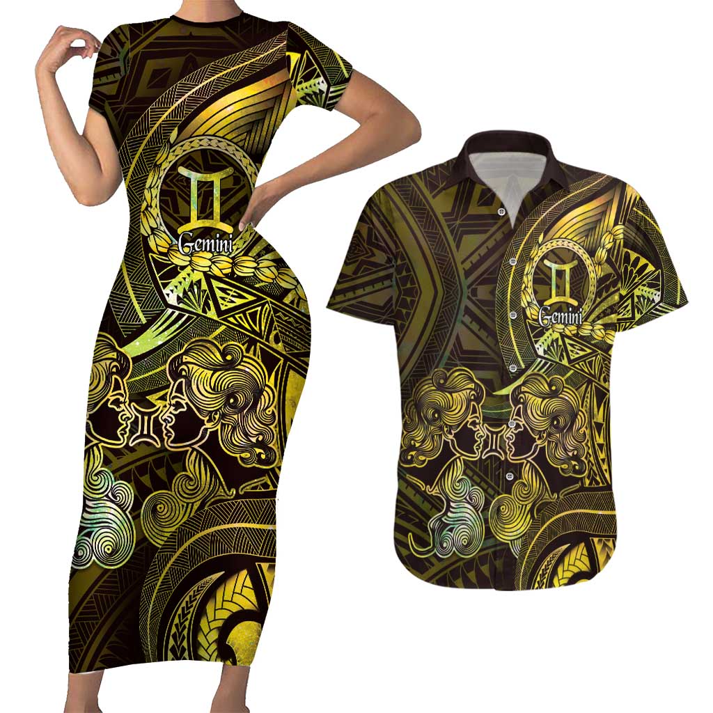 Personalised Polynesia Zodiac Gemini Couples Matching Short Sleeve Bodycon Dress and Hawaiian Shirt Galaxy Polynesian Pattern Chest Tattoo Style