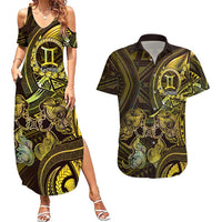 Personalised Polynesia Zodiac Gemini Couples Matching Summer Maxi Dress and Hawaiian Shirt Galaxy Polynesian Pattern Chest Tattoo Style LT14 Yellow - Polynesian Pride