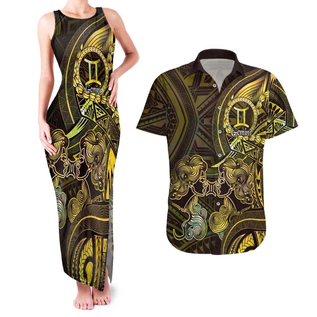 Personalised Polynesia Zodiac Gemini Couples Matching Tank Maxi Dress and Hawaiian Shirt Galaxy Polynesian Pattern Chest Tattoo Style