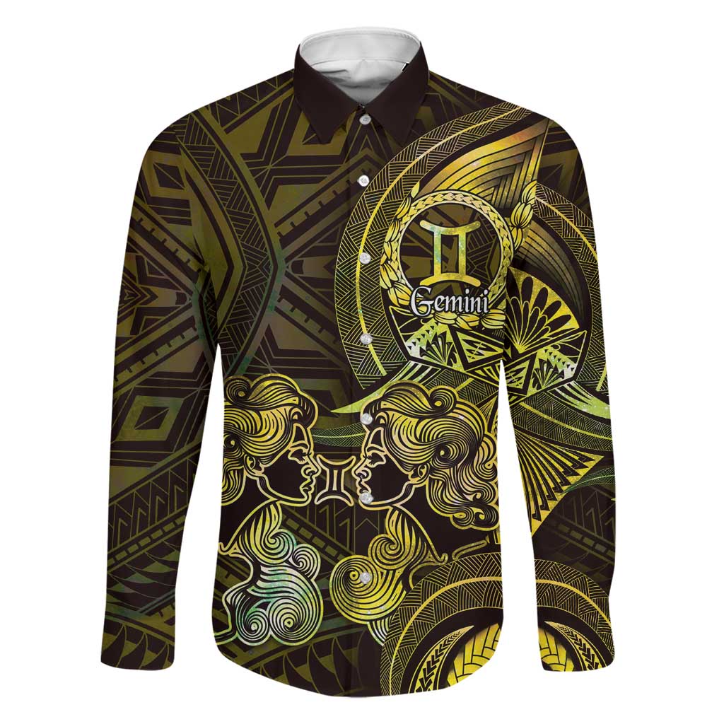 Personalised Polynesia Zodiac Gemini Family Matching Off Shoulder Maxi Dress and Hawaiian Shirt Galaxy Polynesian Pattern Chest Tattoo Style LT14 Dad's Shirt - Long Sleeve Yellow - Polynesian Pride