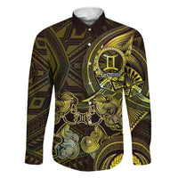 Personalised Polynesia Zodiac Gemini Family Matching Off Shoulder Maxi Dress and Hawaiian Shirt Galaxy Polynesian Pattern Chest Tattoo Style LT14 Dad's Shirt - Long Sleeve Yellow - Polynesian Pride