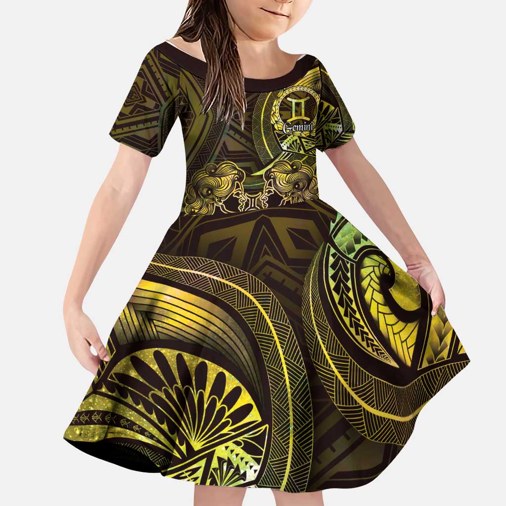 Personalised Polynesia Zodiac Gemini Family Matching Off Shoulder Short Dress and Hawaiian Shirt Galaxy Polynesian Pattern Chest Tattoo Style LT14 Daughter's Dress Yellow - Polynesian Pride