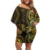 Personalised Polynesia Zodiac Gemini Family Matching Off Shoulder Short Dress and Hawaiian Shirt Galaxy Polynesian Pattern Chest Tattoo Style LT14 Mom's Dress Yellow - Polynesian Pride