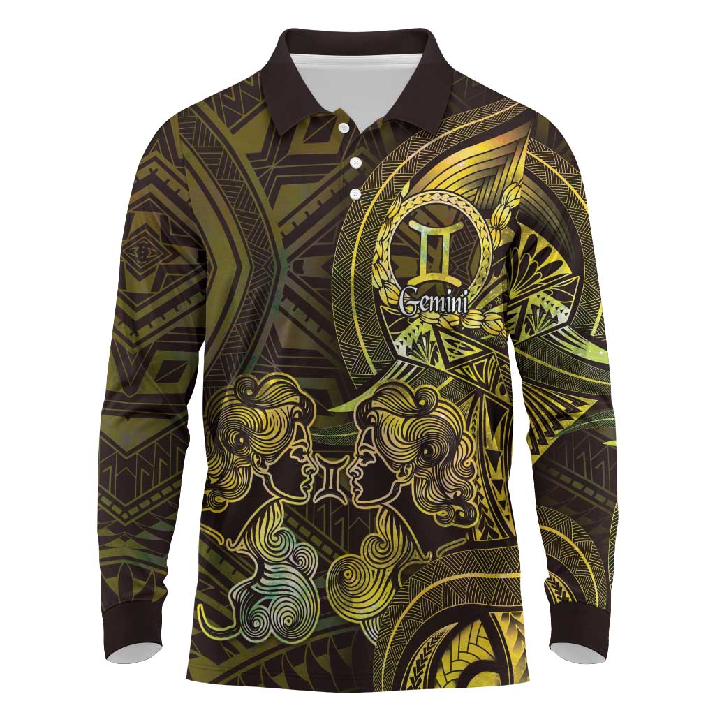 Personalised Polynesia Zodiac Gemini Long Sleeve Polo Shirt Galaxy Polynesian Pattern Chest Tattoo Style