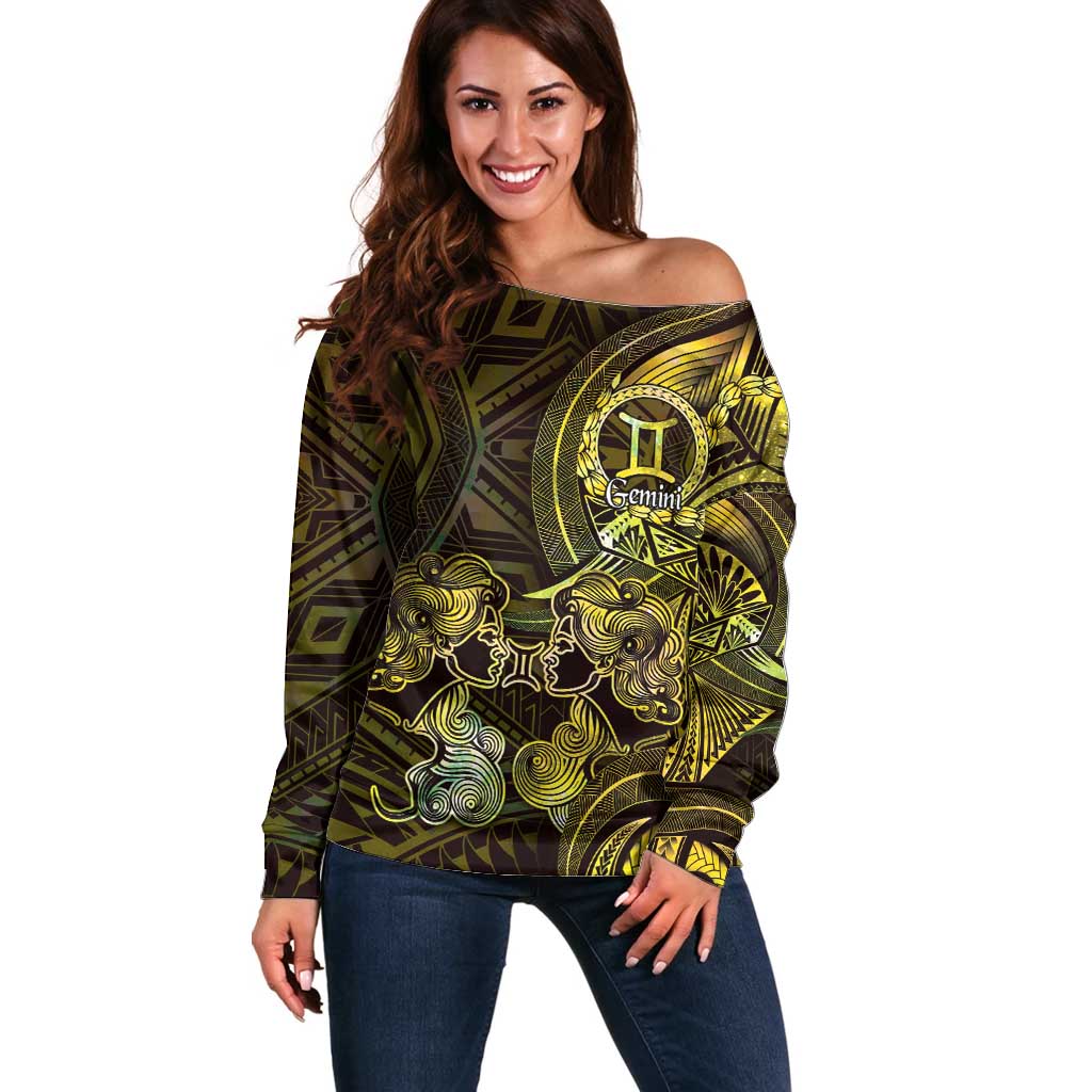 Personalised Polynesia Zodiac Gemini Off Shoulder Sweater Galaxy Polynesian Pattern Chest Tattoo Style