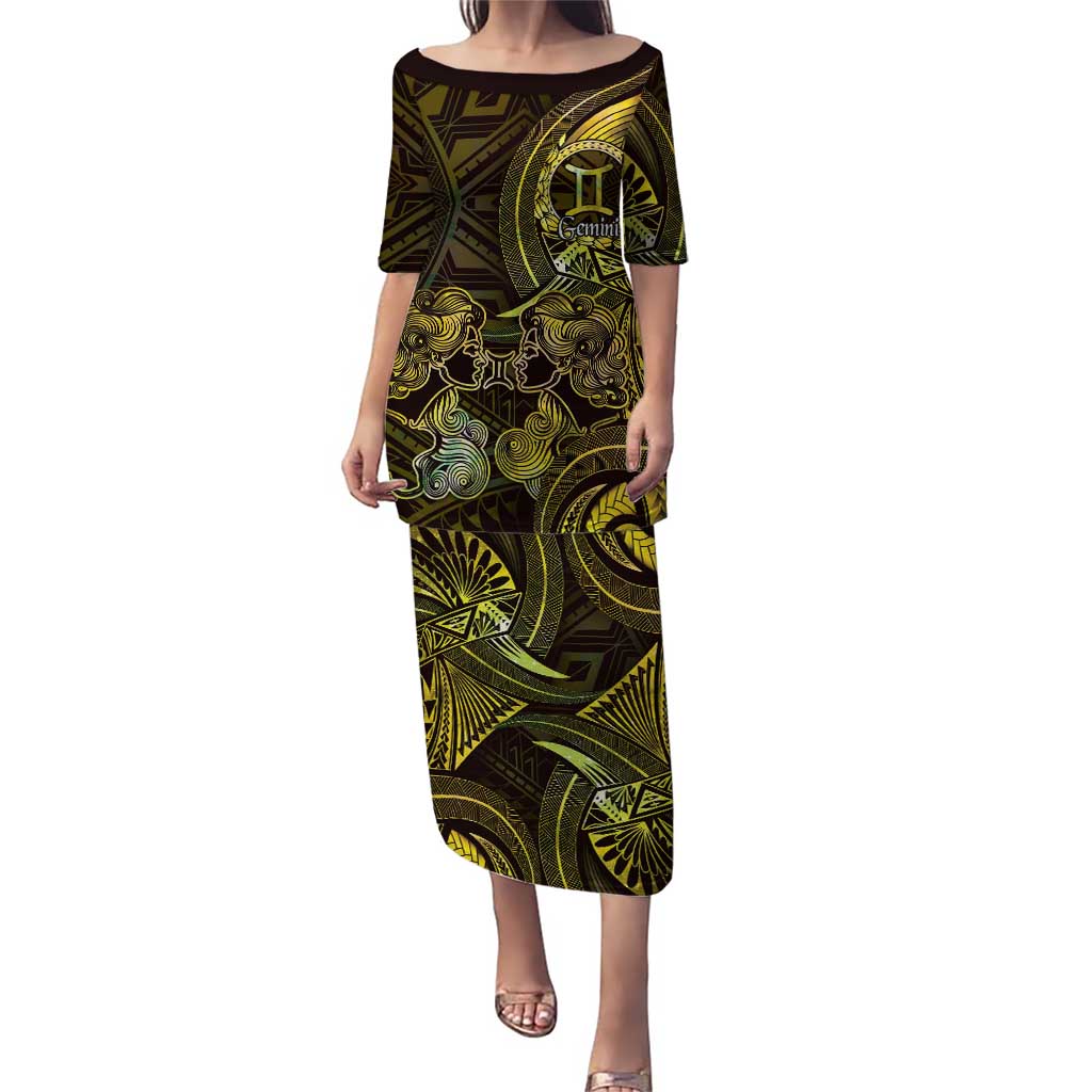 Personalised Polynesia Zodiac Gemini Puletasi Galaxy Polynesian Pattern Chest Tattoo Style LT14 Long Dress Yellow - Polynesian Pride