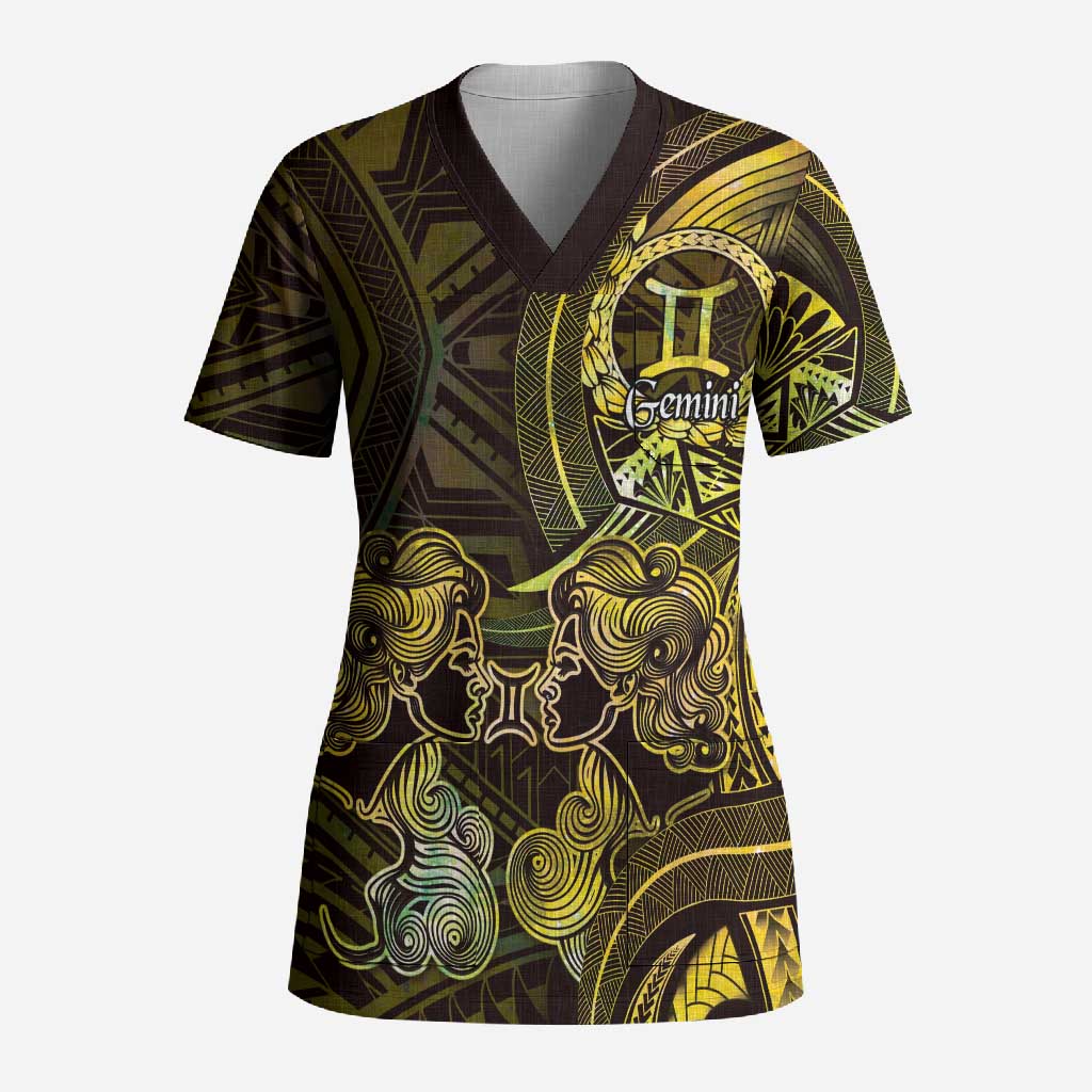 Personalised Polynesia Zodiac Gemini Scrub Top Galaxy Polynesian Pattern Chest Tattoo Style LT14 Adult Yellow - Polynesian Pride